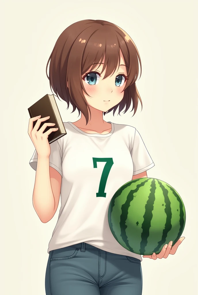 Brown short hair 18-year-old female He has a book in his left hand In his right hand he holds a round watermelon He is wearing a white T-shirt with the number 7 written in green Anime Style