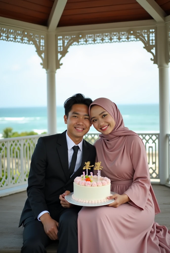 Portrait of young Indonesian man wearing suit and young Indonesian woman wearing hijab gamis dress,sitting cuddling while holding a birthday cake in a gazebo on the beach..face in front of the camera