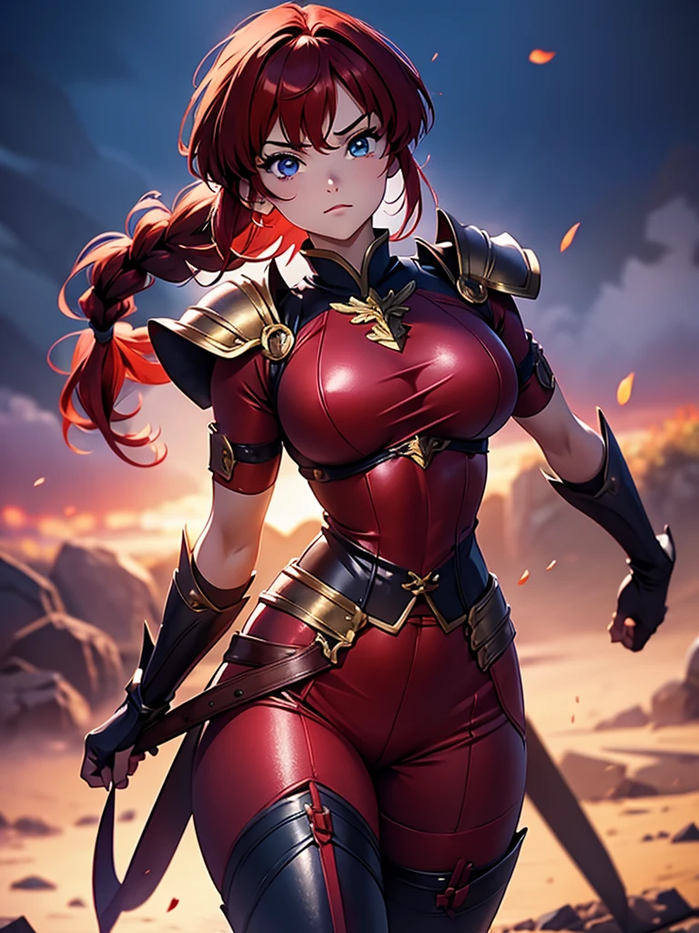 Garota anime sexly com cabelo ruivo com trança curta com armadura red, armor itself, 15year old, fluffy body, fluffy breasts, pose de luata, combat stance, garota sexly, red hair and braid, locks of hair on the side of the face, beautiful lighting, softshadows, blue colored eyes, pretty legs, short-hair, anime styling, ranma chan, Autora Rumiko Takahashi, Based on a work by Rumiko Takahashi, Anime Ranma 1/ 2, sexly, robust hip, fully body, busto sexly, young man with beautiful body, garota de 15year old jovem baixa estatura, wearing red armor and black corset, martial arts warrior with armor, anime girl, anime styling, plein-air, postura sexly, body in fighting stance, eyes large, bright red hair