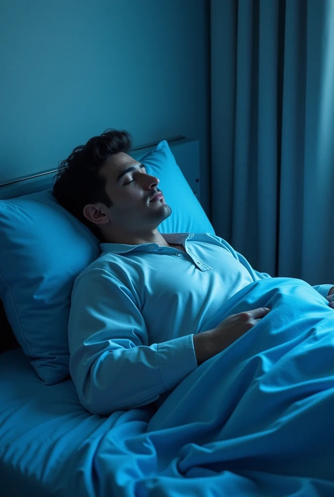 Man lying on left side of blue bed