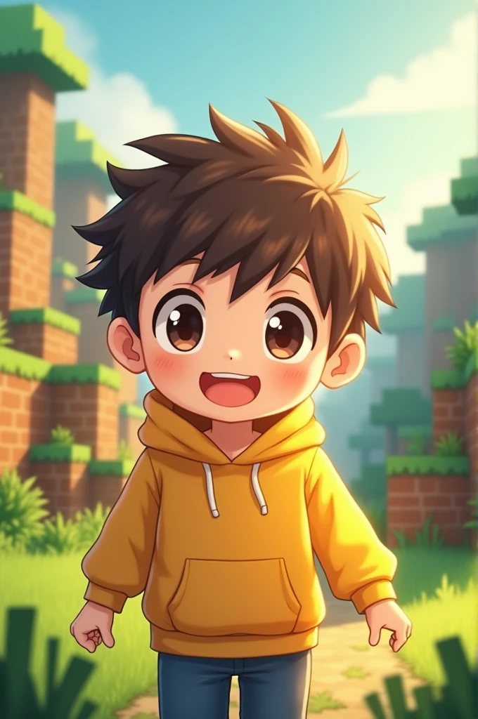 Can you make a cute anime chipi boy with yellow hoddie with a cute smile on his face with yellow minecraft background 