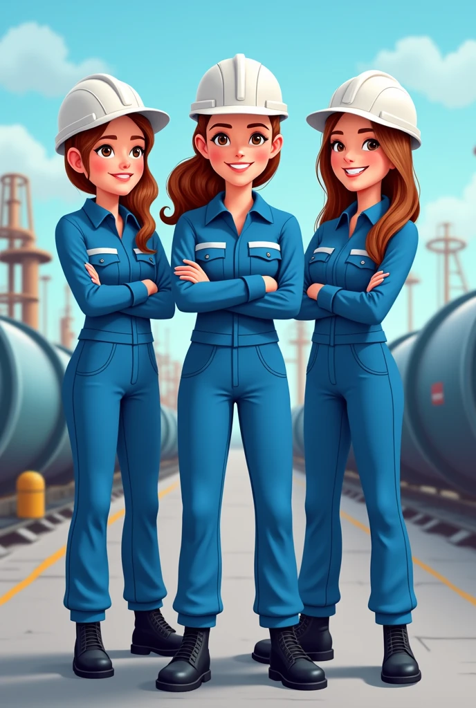Natural Gas Marketing Company,Women workers,Blue long-sleeved overalls,helmet,Standing,Black safety shoes,Cartoon avatar,Natural gas pipeline in the background
