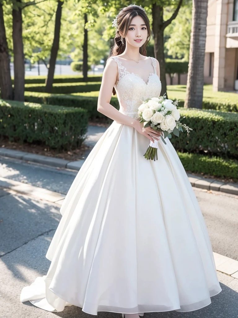 Photo-realistic quality、a woman in a Wedding dress holding a bouquet of flowers、Standing in front of the church、20 year old Japanese model、白のWedding dress,Hanae Mori style wedding dress、Japan idols at 20 years old、lace prom dresses、looking at the camera、Detailed and beautiful eyes、Cute smile、Relaxed and gentle expression、holding a bouquet, Wedding dress, So magical and dreamy、35mm Lens aperture F2.Shot at 8、Full body photo、From head to toe、A long, wide wedding dress that covers the feet、Narrow waist