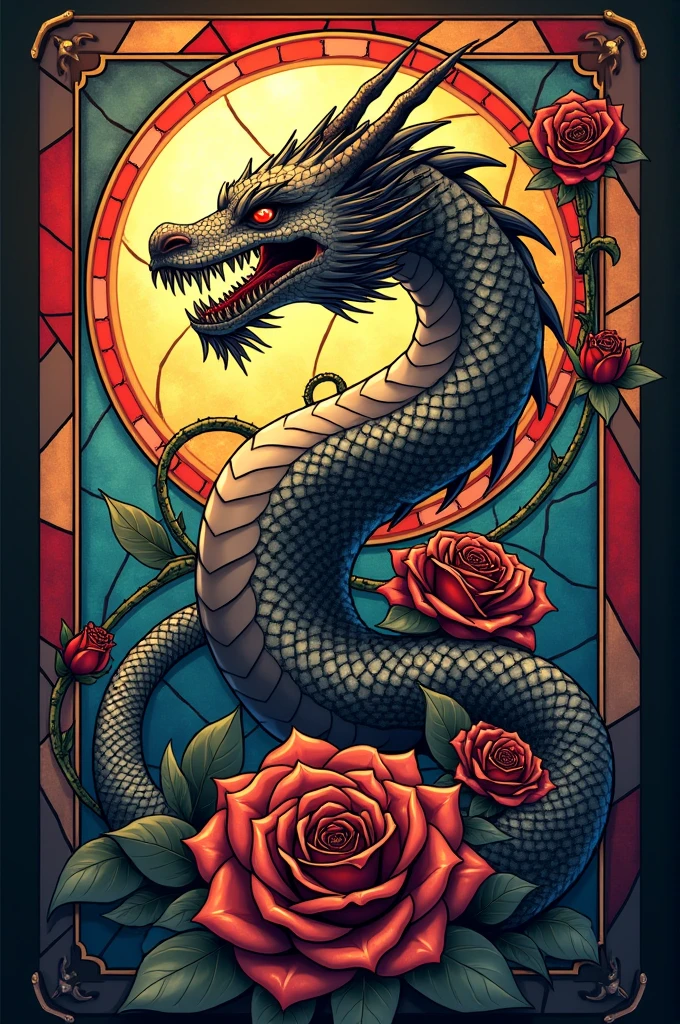 Dragon tattoo with roses and stained glass in the background 