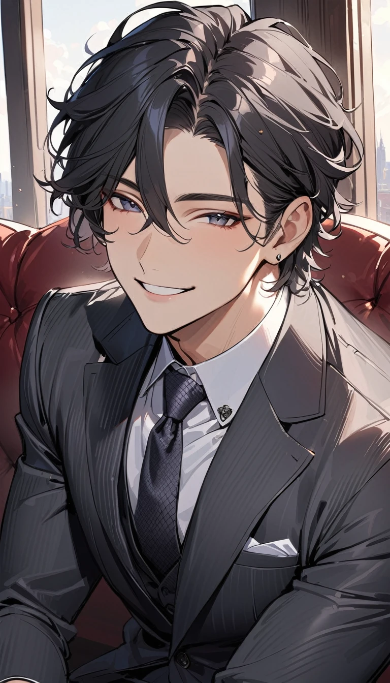 best quality, highres, high details, super detail,(28 years old,)  a handsome man with short black hair is wearing a charcoal gray suit. He has a kind and sincere smile.