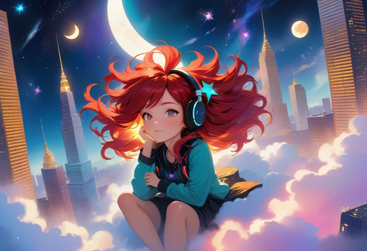 A beautiful fantasy style painting of a beautiful red haired woman with big messy hair, floating on a cloud gracefully laying on the cloud, wearing headphones, with moon light, twinkling stars and stardust, vibrant and colorful, full body shot, looking down at a small city at night, cityscape, colorful stardust, fantasy art style, rossdraws cartoon vibrant, cute detailed digital art, colorfull digital fantasy art, digital fantasy art ), glossy digital painting, rossdraws pastel vibrant, rossdraws 2. 5, rossdraws 1. 0