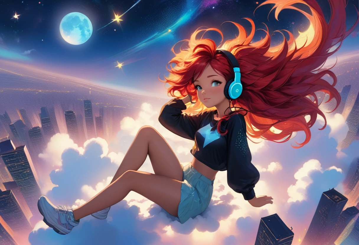 A stunning nude woman, wearing headphones, composed of a dazzling array of rainbow hues, laying gracefully at the end of a radiant rainbow amidst the fluffy clouds in the night sky overlooking a vibrant cityscape, dynamic and enchanting lighting, accentuates her vibrant, full-bodied form. Fantasy art. Masterpiece 