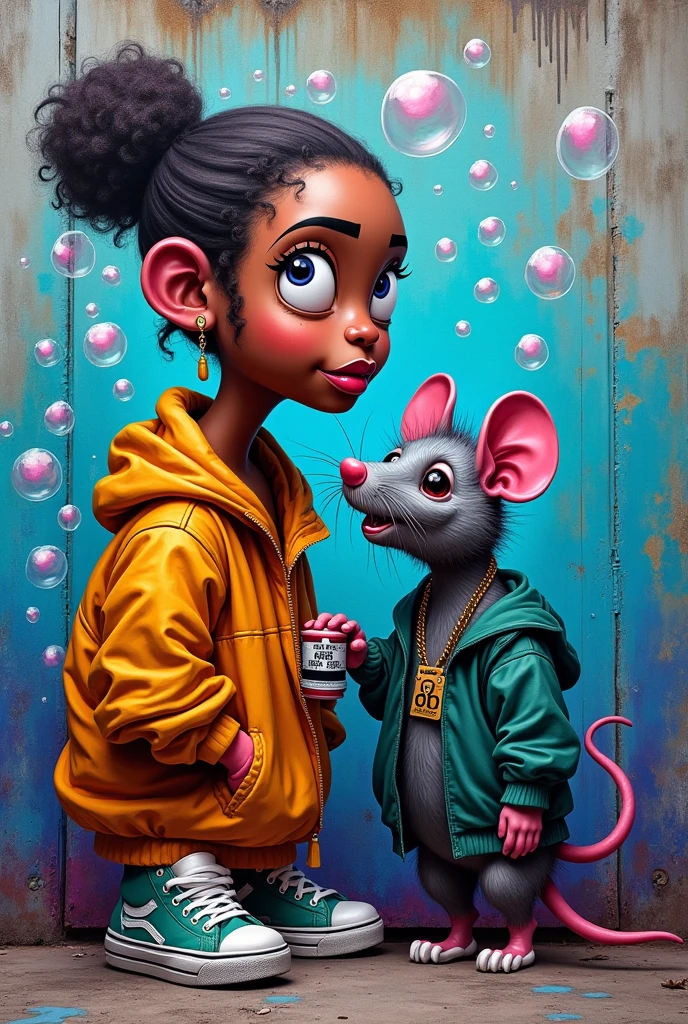 Graffiti of a rapper and a rat in the middle of bubbles