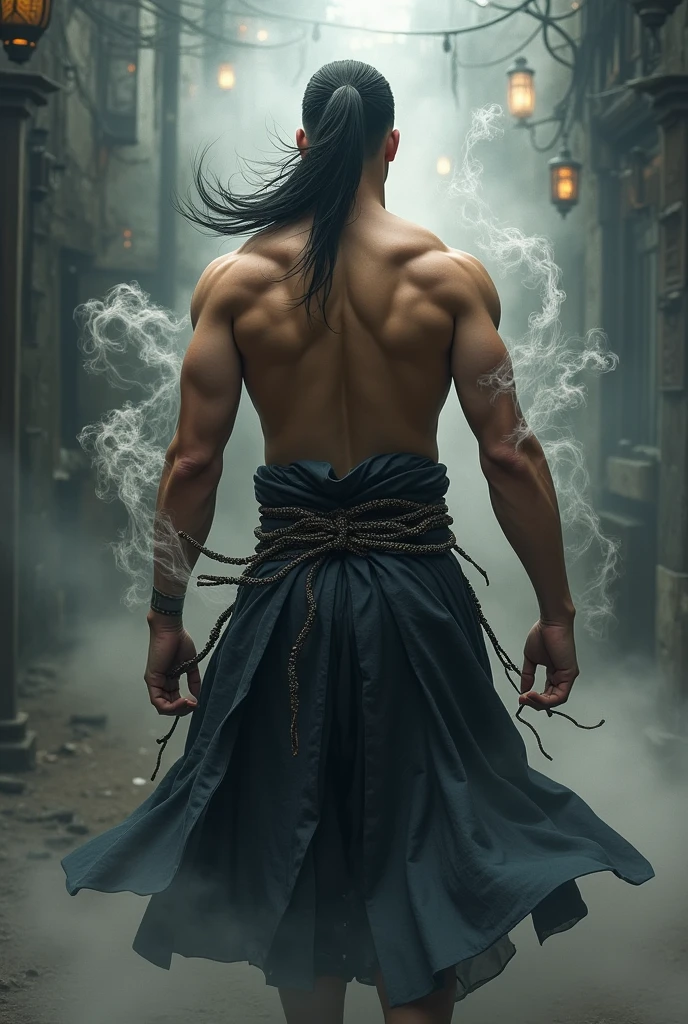 Big muscles, topless, obi around waist, hakama, long tied hair, tall, smoke coming from shoulders