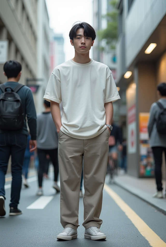 23 years old　Japanese　male　university student　Hairstyle parted in the center　I can see your forehead　Simple Outfit　color of clothing（monotone）　Full body photo（So that you can see your feet）　A photo taken unexpectedly　profile　Photo from a distance　place（Urban city）　Don't put your hands in your pockets　Other shoots