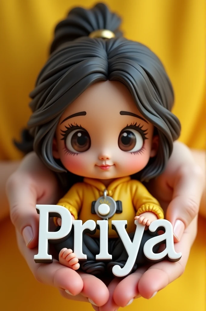 Girls " 3D caricature of a girl, key chain in the palm of the hand. High-quality realistic photo, and there is the name "Priya" in 3D letter style, embossed and realistic, in black yellow, indium white and black,