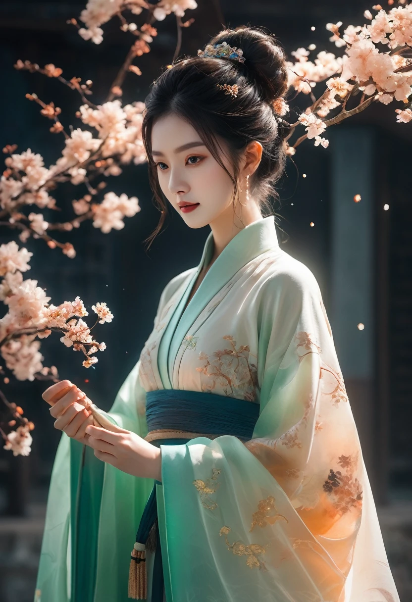 Jade fragment,luminescent,1 girl,。(best quality,4K,8K,high resolution,masterpiece:1.2), (Practical,Reality,Photo-real:1.37).,shining,Beautifully,monster,Unreal Engine 5,texture,Three-dimensional figures wearing Hanfu,Minimalism and abstract illustration, Chinese ink painting style, Chinese rice paper texture, Light penetrates the air, Fractal effect, Phosphorescent scene effects