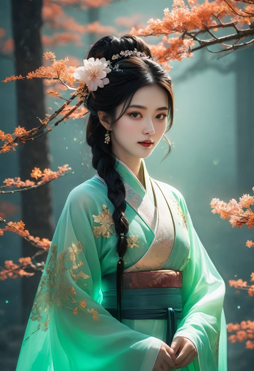 Jade fragment,luminescent,1 girl,。(best quality,4K,8K,high resolution,masterpiece:1.2), (Practical,Reality,Photo-real:1.37).,shining,Beautifully,monster,Unreal Engine 5,texture,Three-dimensional figures wearing Hanfu,Minimalism and abstract illustration, Chinese ink painting style, Chinese rice paper texture, Light penetrates the air, Fractal effect, Phosphorescent scene effects