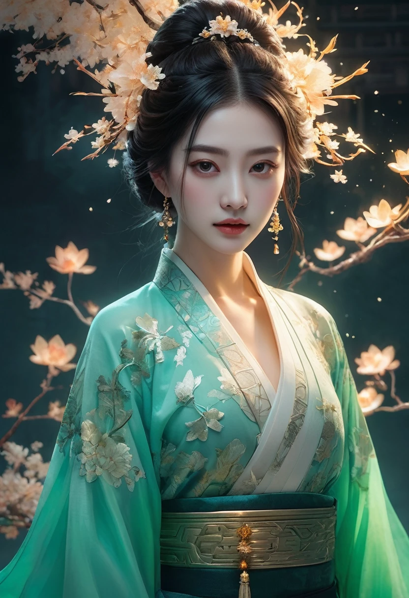 Jade fragment，luminescent，1 girl，。(best quality,4K,8K,high resolution,masterpiece:1.2), (Practical,Reality,Photo-real:1.37).，shining，Beautifully，monster，Unreal Engine 5，texture，Three-dimensional figures wearing Hanfu,Minimalism and abstract illustration, Chinese ink painting style, Chinese rice paper texture, Light penetrates the air, Fractal effect, Phosphorescent scene effects