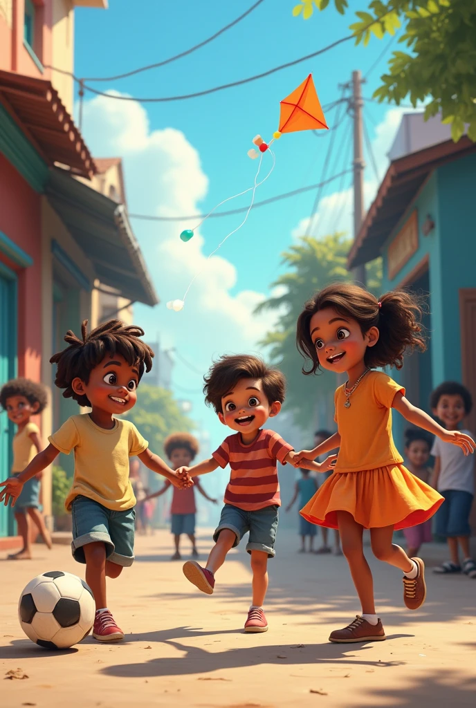 CREATE A PROFESSIONAL IMAGE COMMANDING A HUMBLE STREET WITH CHILDREN OF DIFFERENT RACES, black, indigenous, WHITE GIRL PLAYING WITH A KITE, Street soccer, FLAG CATCH, PULA CORDA. TAKE TO THE STREETS WITH SEVERAL CHILDREN
