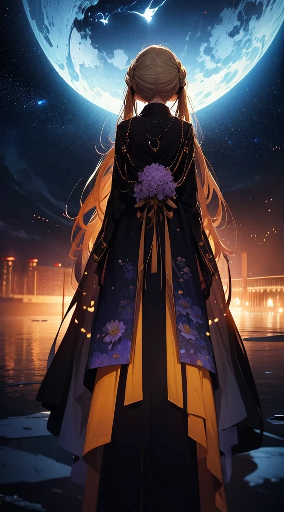 １people々々々々々々々々々々々々,Blonde long-haired woman，Long coat， Dress Silhouette， Rear View，Space Sky, Lotus flower