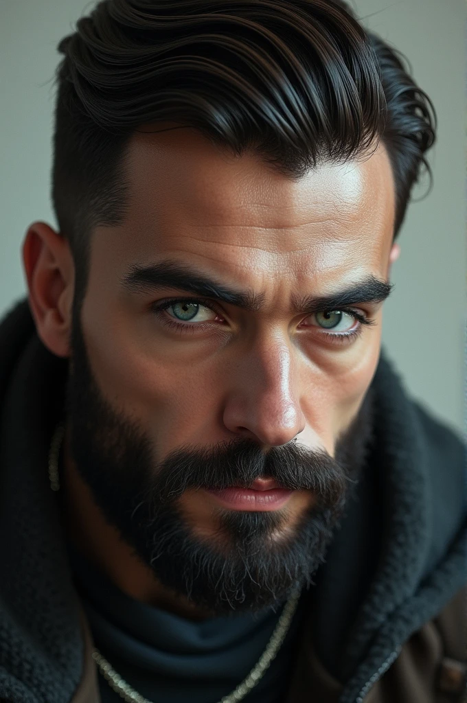 Dark brown, Side parting, smooth and short haired. Black and short full beard. Thin cheeks. Blue mixed with green eye color.