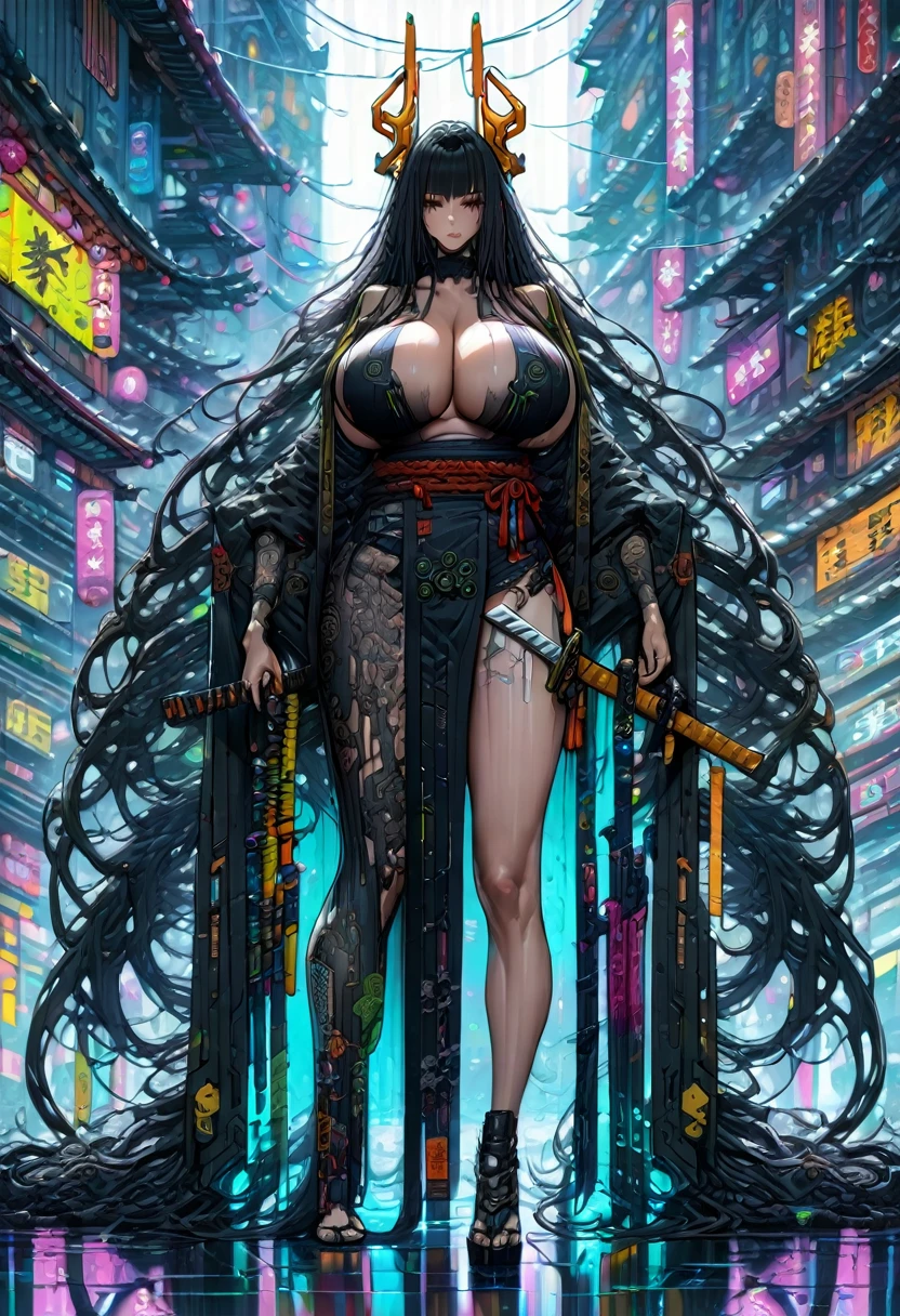 masterpiece,(bestquality),highlydetailed,ultra-detailed,  cyberpunk, whole body,  Dark black hair, Very long hair,,They are, Horn, (Large Breasts:1.2) , kimono, katana, (Muskyla:0.9), tall woman