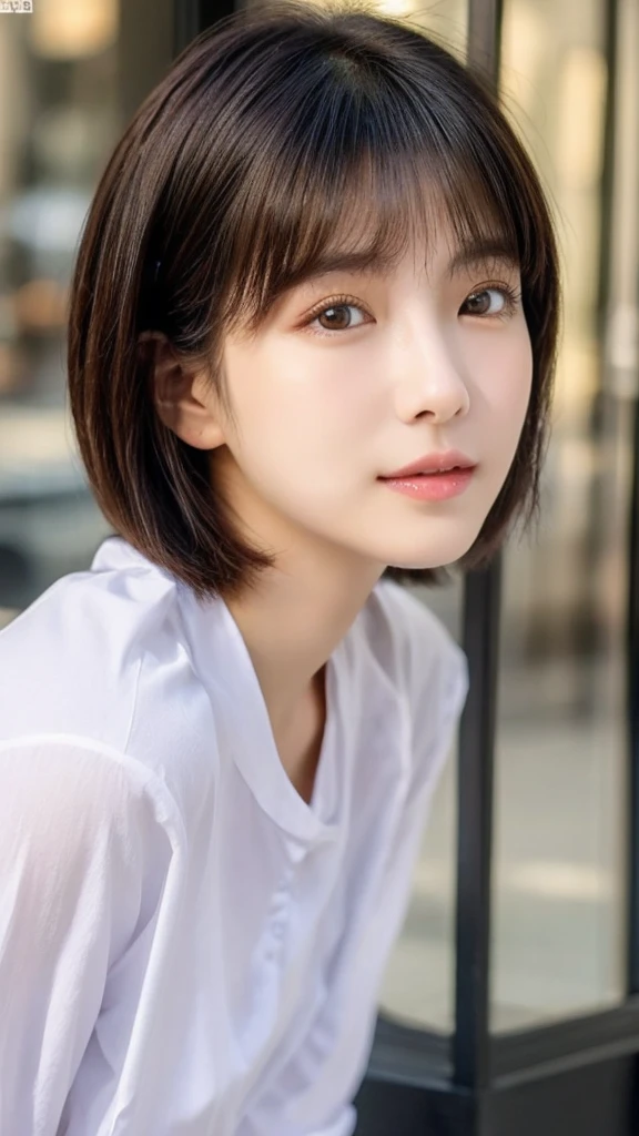 Highest quality、Japanese women、世界一beautifulな美人、beautiful、cute、Brown bob cut hairstyle、Small face、肌がbeautiful、Large breasts、Reality Stick、Blank look、Red Shirt