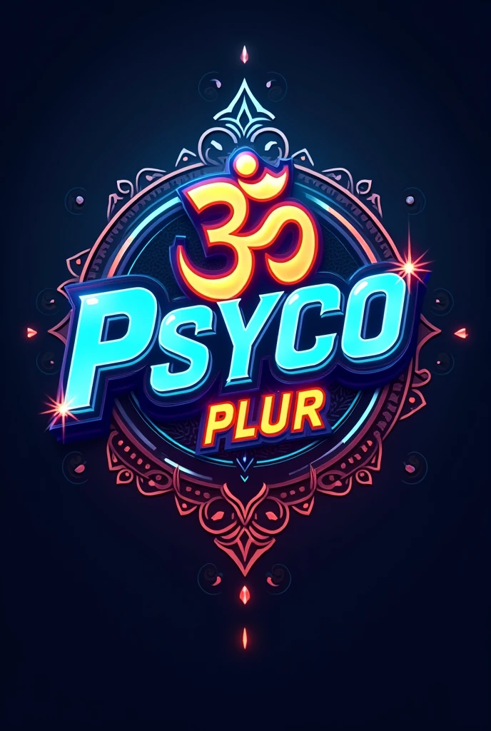 E-sports team logo for moba style game, with the name "Psyco Plur" written in neon blue and orange in the foreground superimposed on the Hindu Ohm symbol. Elements of Indian culture.