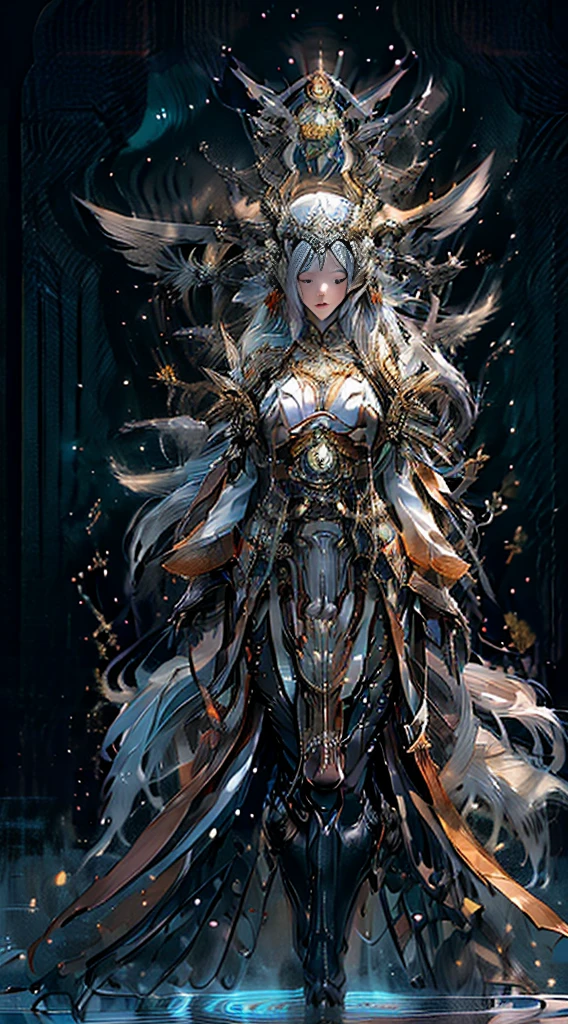 ((NSFW:1.5))),(masterpiece、top-quality、top-quality、Official art、Beautifully Aesthetic:1.2)、(1girl in)、Highly detailed、(Fractal Art:1.3)、colourfull、highest details, (Nine-Tailed Fox), 9 White, Black fox ears, Devil's Cat's Eye, Foxes inspired by Japan's divinity, Transparent clothes of fantastic celestial warriors, Elaborately embellished with gold, Fantasy Japan Background, Soft smile, ultra-sexy, Big breasts, anatomically, Fine wraist with large defined hips, Soft expression, A smile, Silver long hair, Wave, Facing the front, Hair is spreading