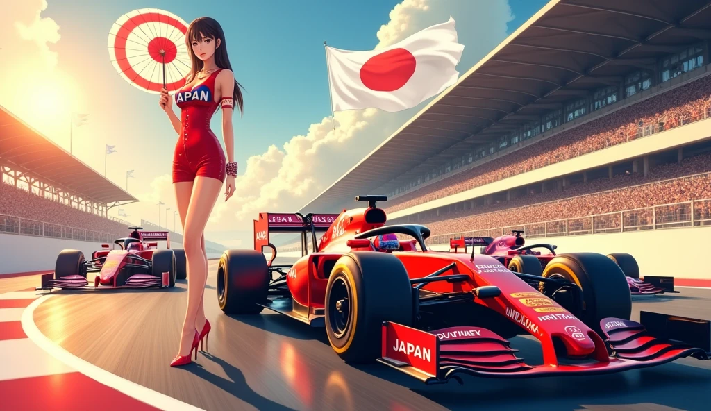 F1 race circuit. Race cars have the word JAPAN on them. A young Japanese race queen is standing in front of a race car holding a Japanese flag parasol. Her costume is separates with the word JAPAN on it. She is wearing a bangle on her arm. The background is beautiful and shining under the summer sun. Anime style. View from afar. Her beautiful legs are attractive, and her whole body from head to toe. She is wearing high heels.