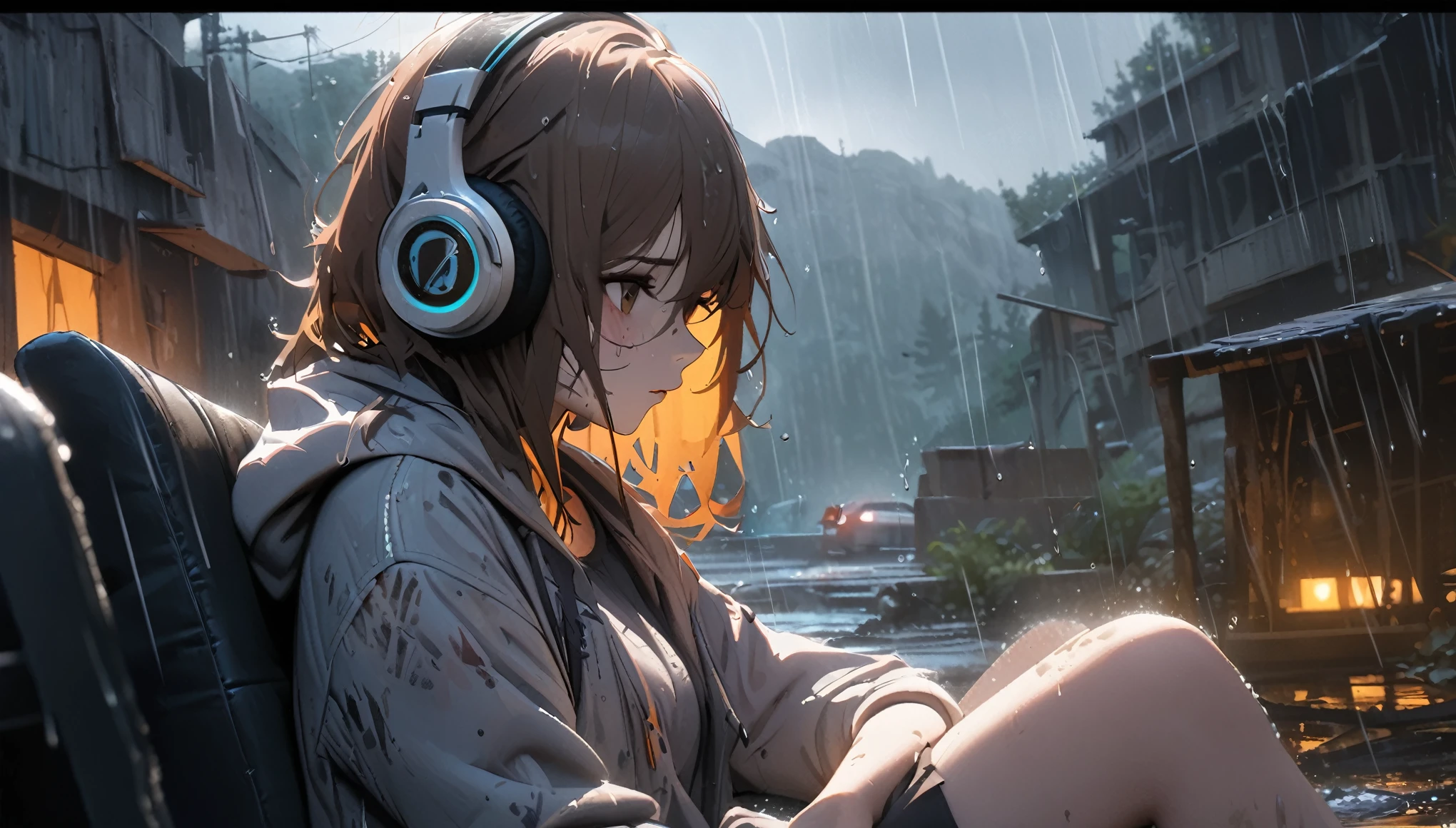 masterpiece, a girl, alone, incRotibly absurd, hoodie, headphones, Rain, Neon,Future Soul Art, dirty woman sitting on chair in dilapidated house, wet and messy hair above the eyes,pleated skirt. vixip, Close-up of the landscape, injured. Hand painted, cinematic lighting, Very detailed. White, brown, Rot. perfect composition, masterpiece, highest quality, 4K, keen focus. perfect anatomy.