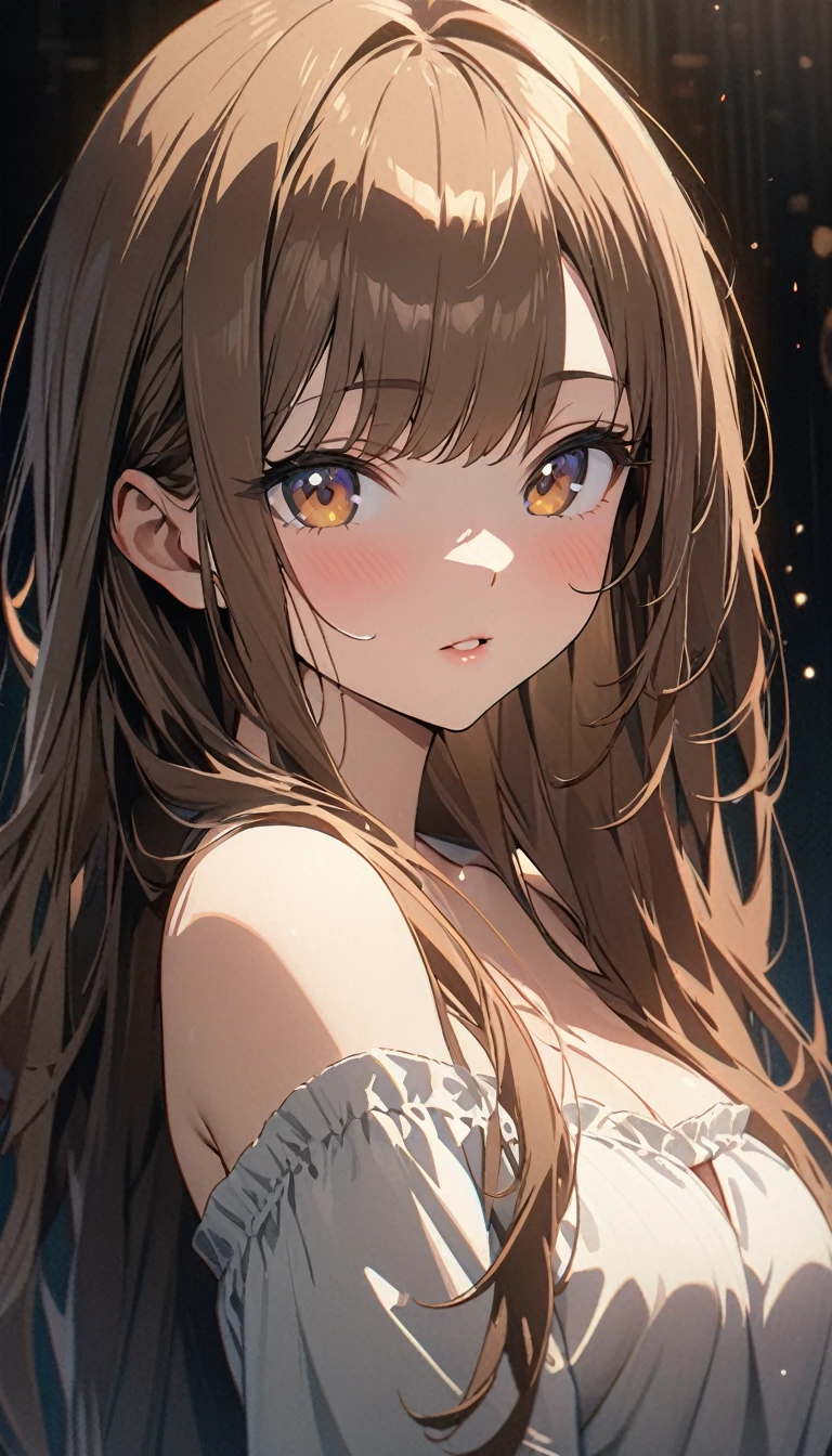((Highest quality)), ((masterpiece)), (detailed), Ultra HD、8k, (Cinema Lighting)、(Anime illustration)、(front)、(looking at the camera)、(Face Up)、Perfect Face、detailedな顔、detailedな目、(Long Hair、Brown Hair、bangs、straight)、detailedな髪、cute、(Off-the-shoulder shirt、Gorgeous pattern)、Seductive lips、Cleavage、Fine skin、night