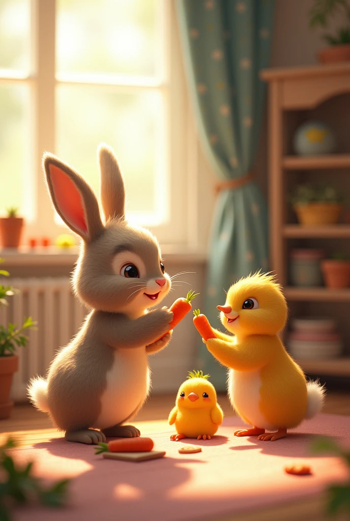 So Pepito the bunny invited the little birds to his house every day to eat., Since that day, They became very good friends and Pepito the bunny shared his carrots with those who needed them most..