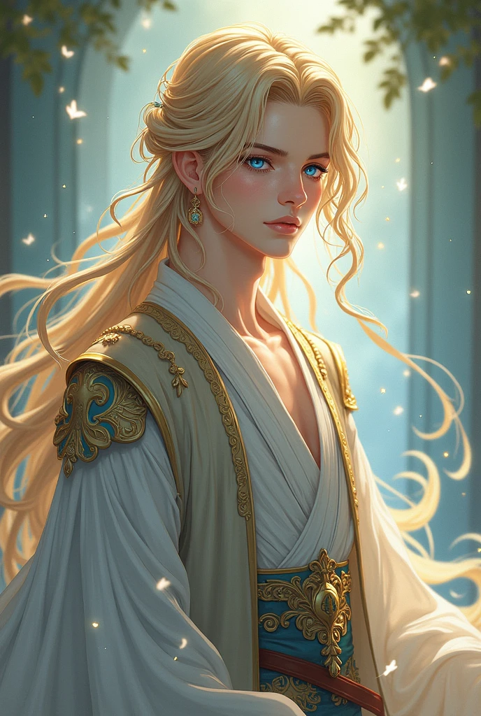 prince, tao, sickly, light skin, golden hair, dazzling blue eyes, Clothing of Antiquity, anime style