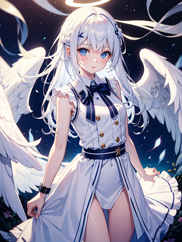 Anime, angel girl, 18 years old, pale skin, blue eyes, white hair, Halo over the head, modest white clothes