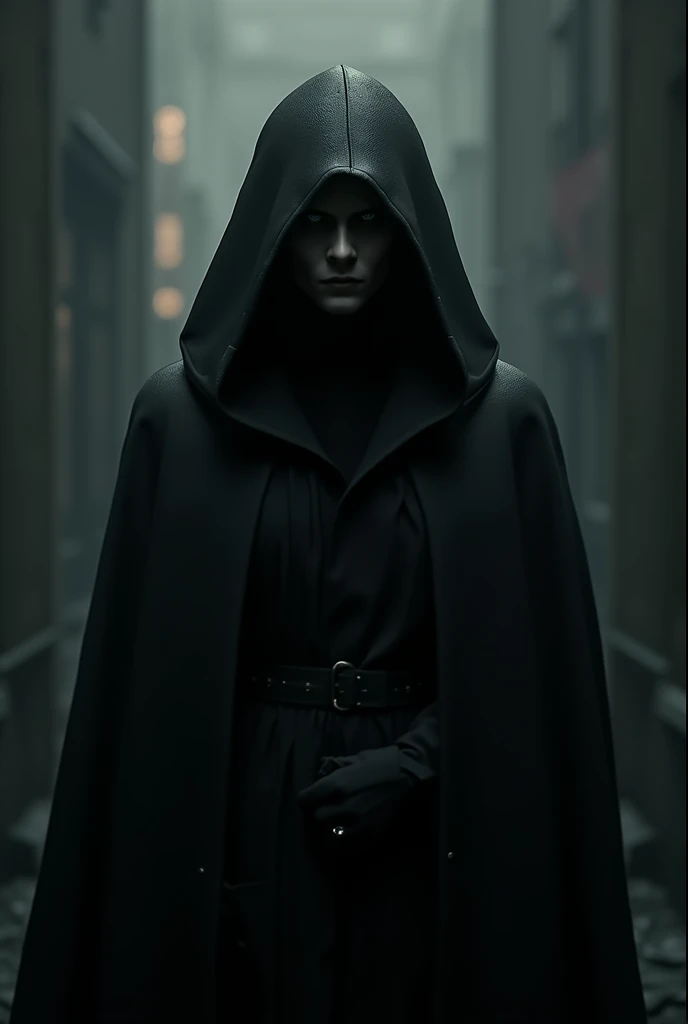generate me an image of a mysterious person, a person with a face but a man with a hood in all black but the face is like this from the front
