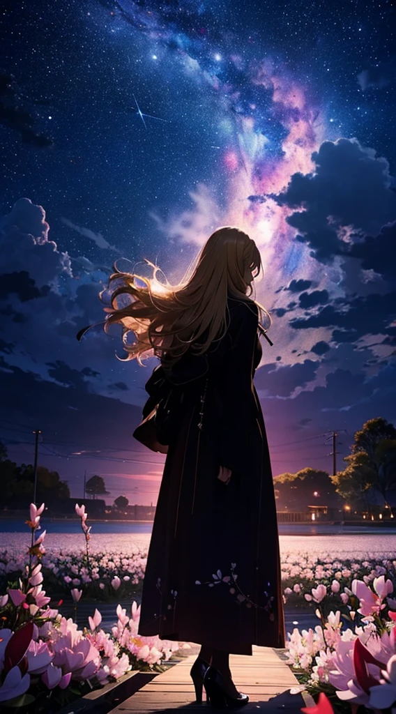 1people々々々々々々々々々々々々,Blonde long-haired woman,Long coat, Dress Silhouette, Rear View,Space Sky, Magnolia flower field