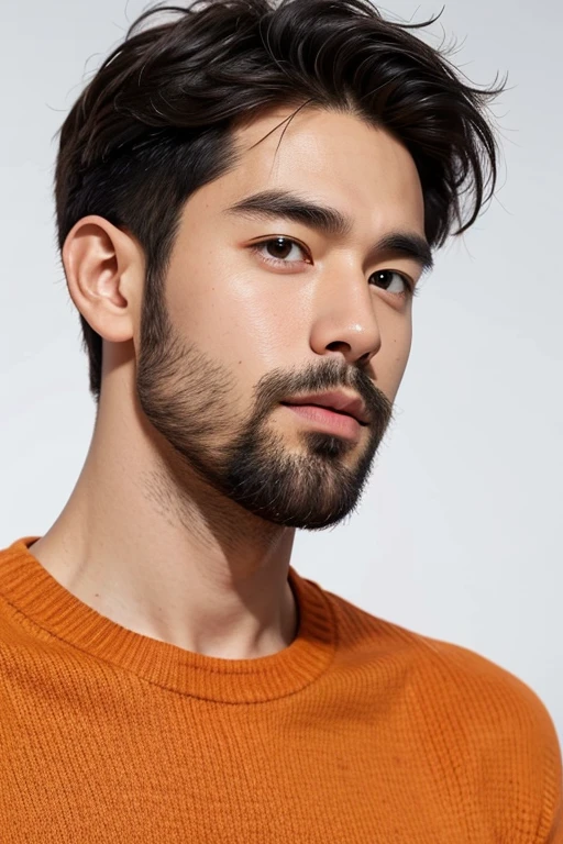 Handsome man,beard,Upper body portrait,Orange Sweater,White Background,Corporate slave、Japanese salaryman、30th Generation