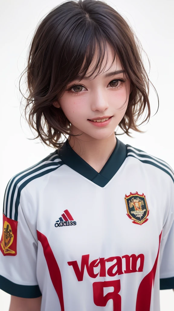 (Highest quality、8k、32K、masterpiece)、(RAW Photos)、(Realistic)、(Photorealistic:1.2)、(High resolution)、Very detailed、Very beautiful face and eyes、1 person、Round and small face、Narrow waist、Delicate body、(Highest quality、Attention to detail、Rich skin detail)、(Highest quality、8k、Oil paints:1.2)、Very detailed、(Realistic、Realistic:1.37)、Bright colors、(((Blushing cheeks)))、(((Blonde)))、(((Brand Hair)))、(((smile)))、(((Upper Body)))、(((White Background)))、(((Side Tail Hair)))、(((Pure white wall background)))、(((Wearing a soccer uniform)))、(((Pure white wall background)))、(((It's a vertical striped uniform.)))、(((Has a keen eye)))、(((Black and pink uniform)))、(((Touching the lips with the right hand)))、(((私はBlondeです、It is a side ponytail)))、