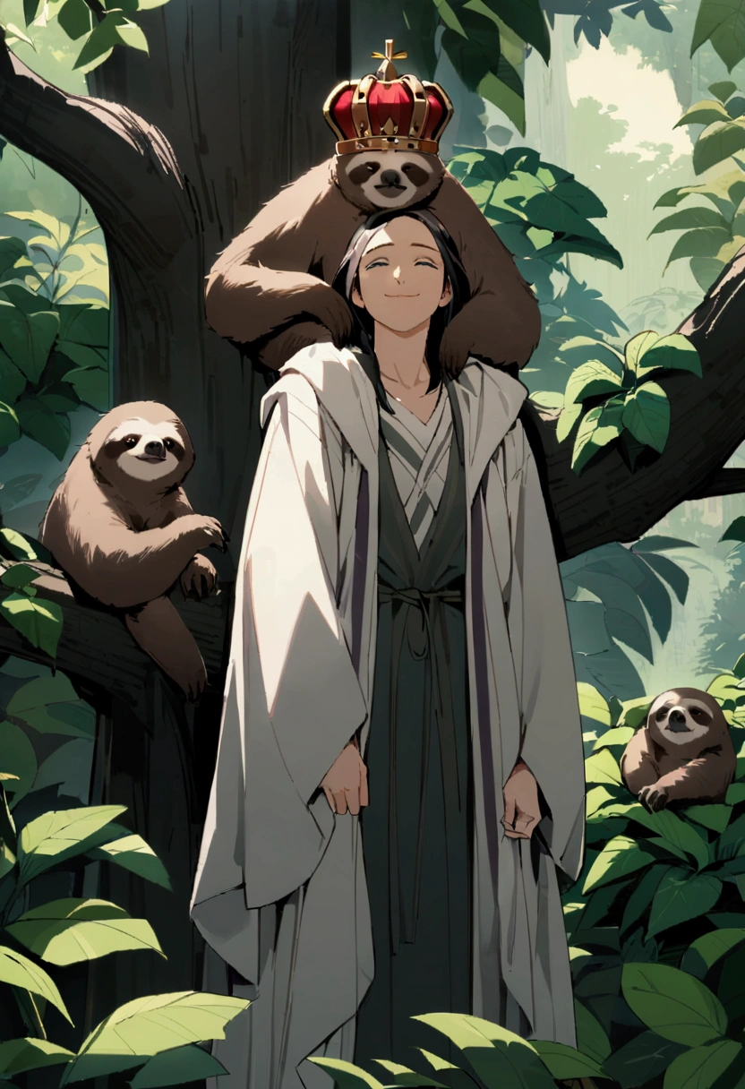 It's quite a sight, a lazy and regal creature up in a tree, surrounded by lush foliage. A sloth, its robe a loose garment of fine make, gazes sleepily at the side with a relaxed smile. In a precarious balance, a crown hangs atop its head, looking like it might slip off at any moment.