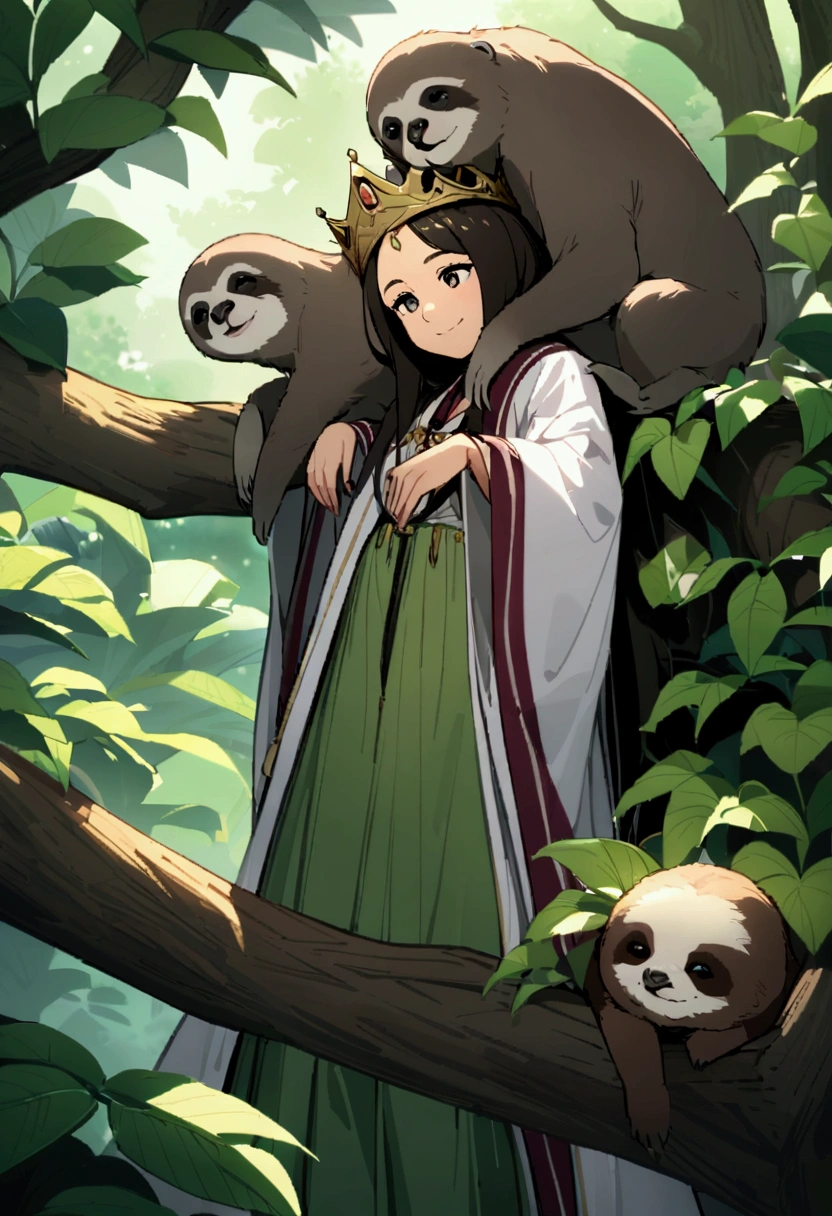 It's quite a sight, a lazy and regal creature up in a tree, surrounded by lush foliage. A sloth, its robe a loose garment of fine make, gazes sleepily at the side with a relaxed smile. In a precarious balance, a crown hangs atop its head, looking like it might slip off at any moment.