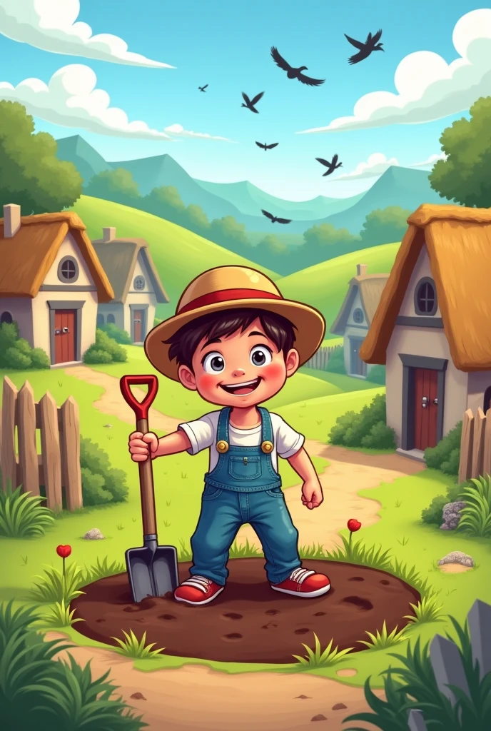 A cartoon character young boy is digging his grave in village