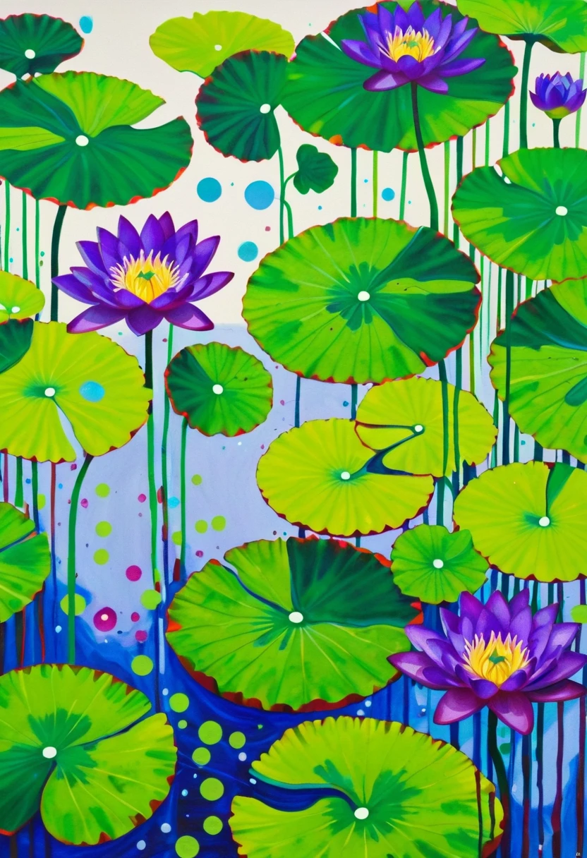 painting of purples and greens flowers with yellow dots on a white background, Lime and Violet, purples and greens, lily pads, green lily pads, Green and purple, waterlily pads, purples and greens colors, Inspired by Yahoo Kusama, some Green and purple, inspired by Yayoi Kusama, lily pad, Water Lily, blue and purples and greens