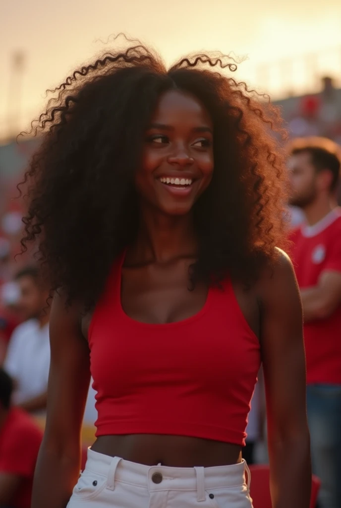 darkskin ebony 1girl, selfie photo hyper realistic curly long black hair mirror photos 8k ultra hd, cheering at the olympics, sitting in crowd, red crop top, white pants, sunset lighting