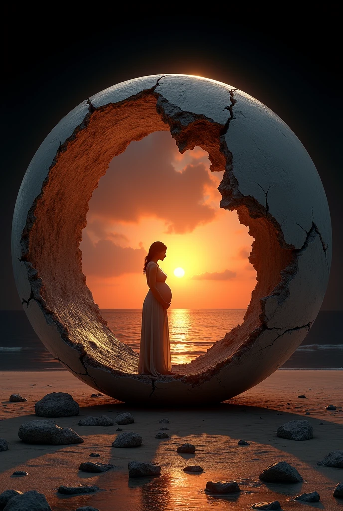 a giant rocky crescent moon colored sphere, there is only half left, the remaining half is covered with cracks, inside the remaining half of the sphere you can see a beautiful sunset over the sea, and a black silhouette of a pregnant woman with her hands on her big belly is also in what is left of the sphere, looking at the sunrise, the sphere lies on sand with broken pieces scattered around it, the background is black