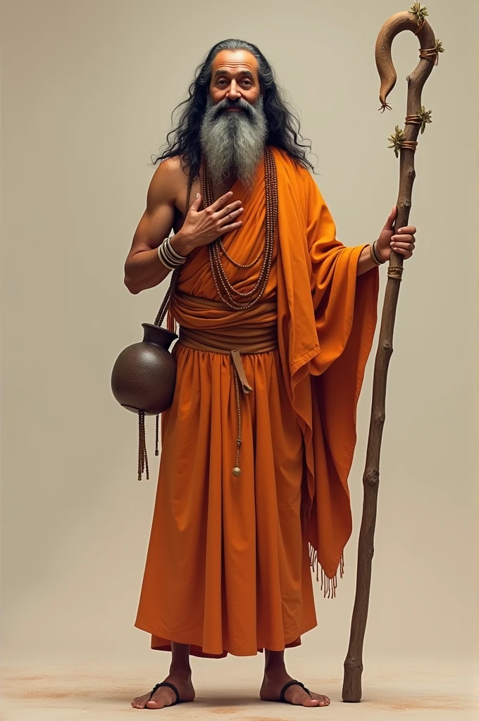 Indian sadhu long hair beard mustech kamandal rudraksha mala bhagwa cloths smiling face abhay mudra