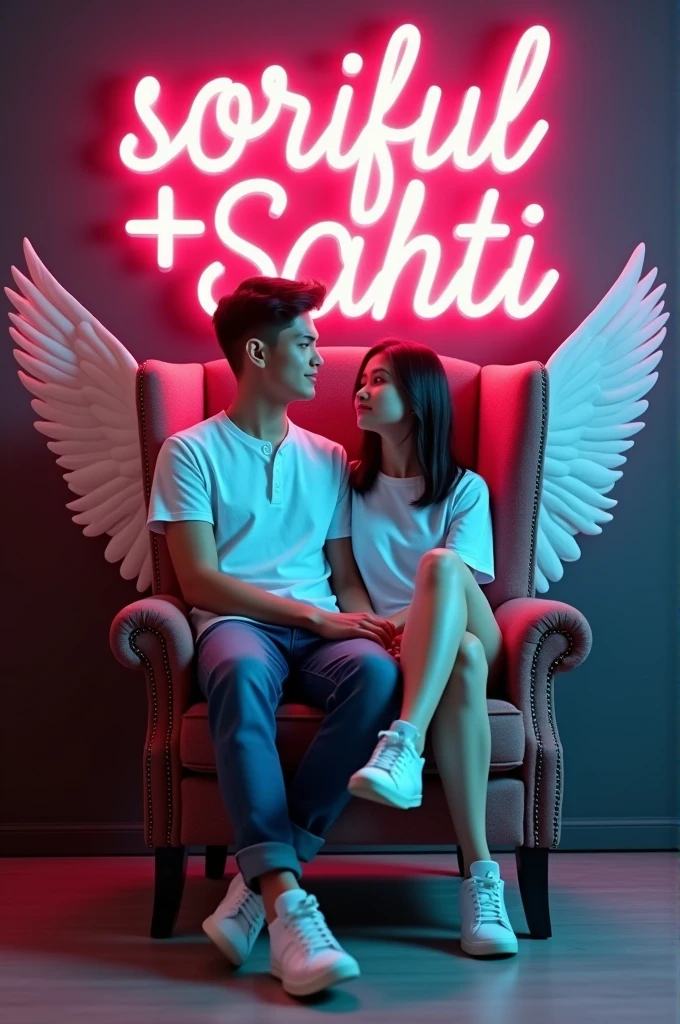 Create a 3D illusion for a profile picture where a 25 Year old cute boy and girl in a white shirt Sitting casually on a Wingback chair. Wearing sneakers, he looks ahead. The background features " soriful+ Sahti" in big and capital Orange neon light fonts on the dark grey wall. There should not be his shadow, and there are wings to make it appear as if he is an angel.