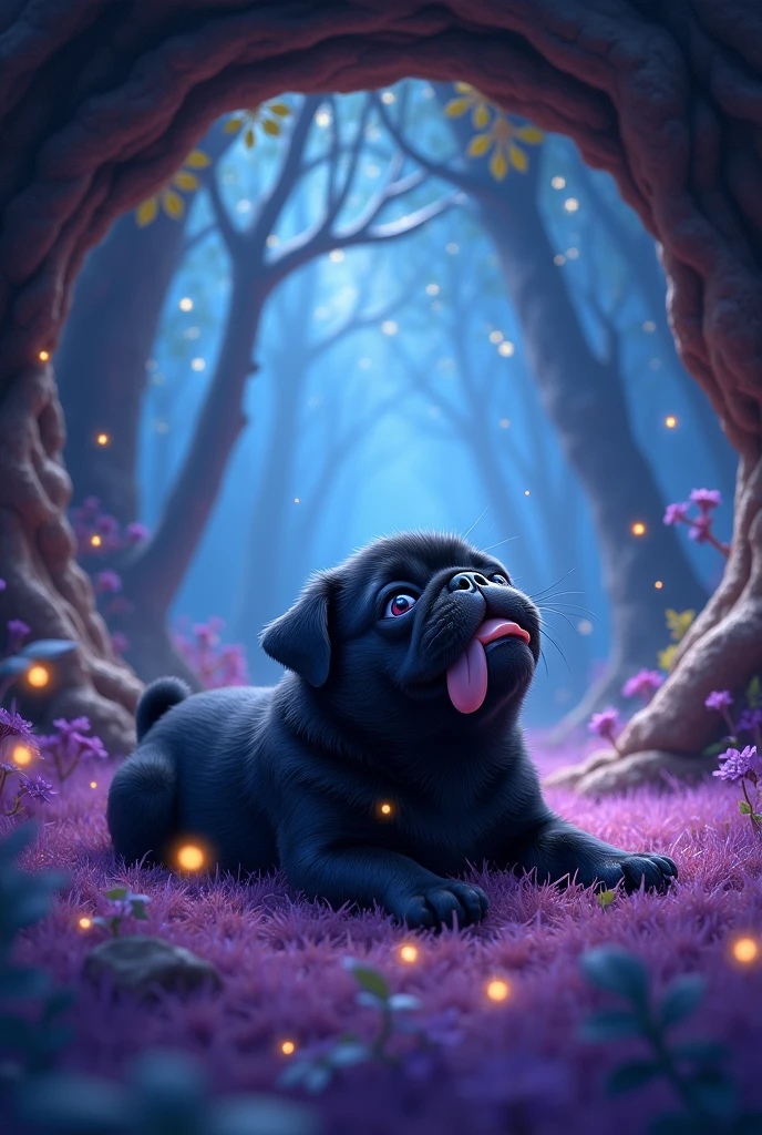 Juninho (a black pug puppy) leave the cave tired, because it ran a lot (now he is in a magical forest, with little flowers, fire flies, Magic trees, crystals, purple grass (predominant cool tones and warm tones for details). He lies on the grass on his back and looks at the starry sky.