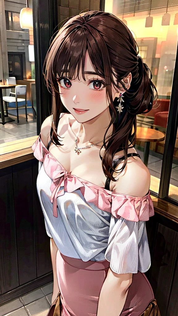 (masterpiece:1.3, Highest quality, Ultra-high resolution：1.2, Super detailed、8K), (Realistic, photoRealistic:1.4), Beautiful illustrations, Perfect lighting, colorful, Depth of written boundary, Beautiful detailed hair, Beautifully detailed face, Beautiful fine details, Droopy eyes、Beautiful clavicle, Beautiful body, 美しいLarge Breasts, Beautiful thighs, Beautiful feet, Beautiful fingers, View Viewer、Front view:0.6, Beauty1人, Japanese, Beauty、30 years old, Perfect Face, (Perfect Anatomy, Anatomically correct), Cute and symmetrical face, , , Shiny skin,(Pink off-shoulder blouse:1.4), ((Long skirt、Wraparound skirt:1.5))  、(pumps:1.3)、(Dark brown hair, Updo Hair:1.4), braided bangs、Dark brown eyes, (Large Breasts, Slim body), necklace, Small earrings:1.1, (Beautiful views), (evening),  Cafe、He is holding a white mug in both hands and drinking coffee:1.4、 A soft smile、(Smile, Lips parted),