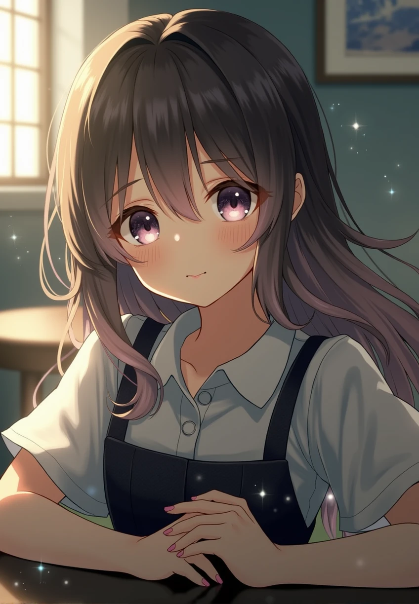 ((masterpiece,best quality)),(Negative Space:1.4),(1 Girl, Solitary:1.4),Beautiful and delicate eyes,Flowing pale pink and lilac hair, Lavender-colored eyes, night, Starry Sky, The stars shine