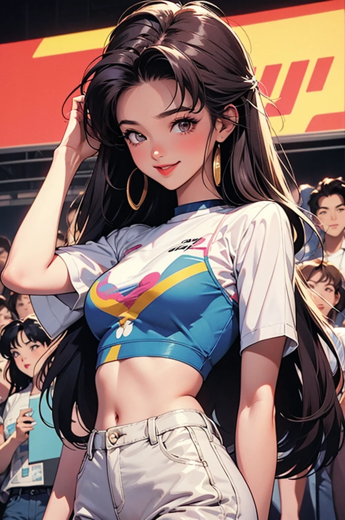 woman, 90's, retro, crop top,graphical design,
High Fashion in the 1990s、Animation illustrations from the 1990s、smile、Looking forward、front、Watching the audience、