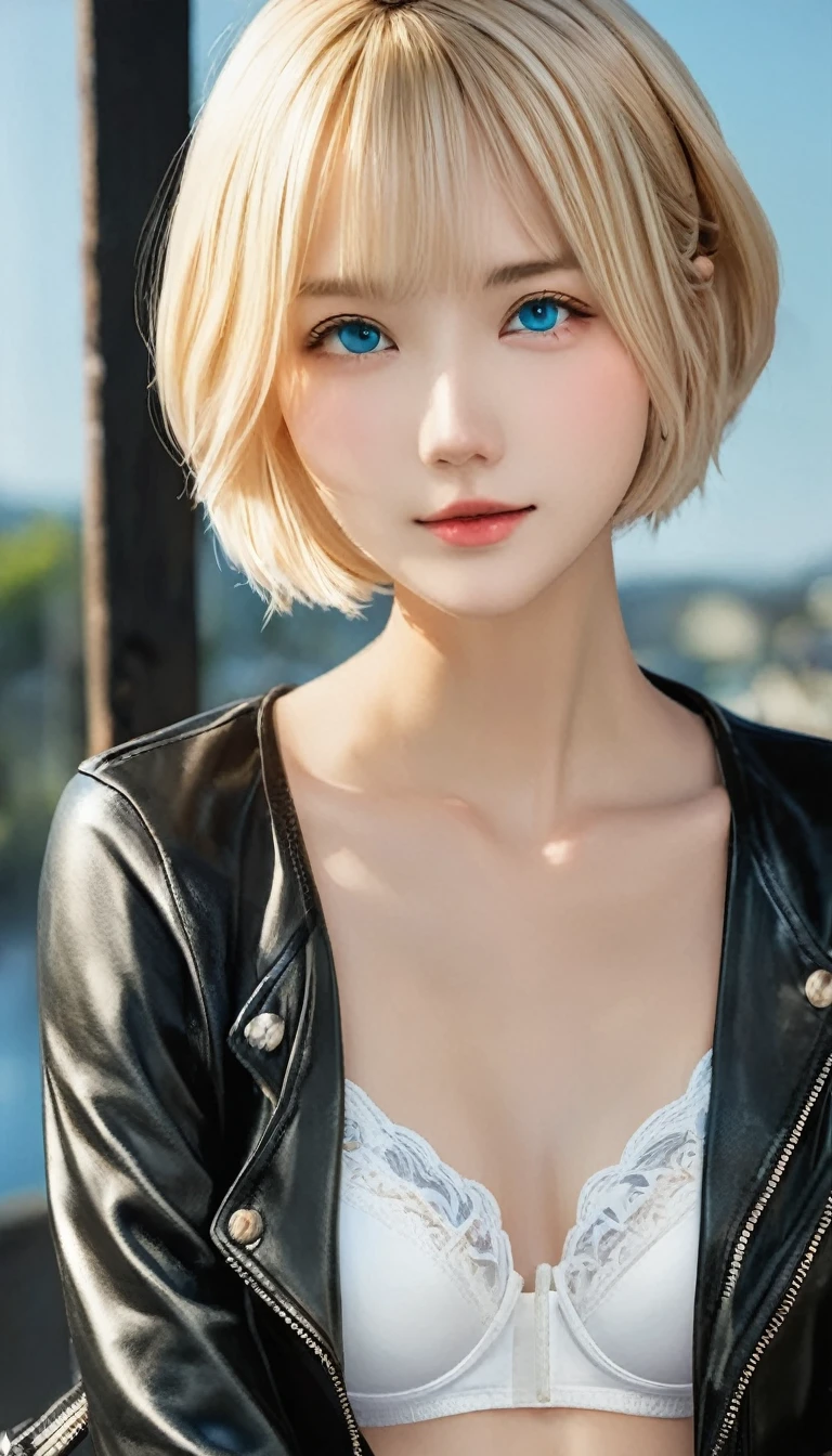 Highest quality、masterpiece、(((Black leather jacket:1.37、Black leather jacket、Black jacket)))、break、angle above the knee、Beautiful and fair、Glowing Skin, 3 Up, Nice, bright, Refreshing and gentle look, Perfect beautiful face、Blonde Short Hair,Beautiful shiny bangs, Very beautiful girl, eyeliner, so perfect and beautiful、Sky blue eyes,Small breasts,The original skin is visible through the grooves、break、(((White Latex Bra:1.37、タイトなWhite bra、White bra))),break、(((American Bike、Harley-Davidsonのモーターサイクル)))、nice、Dim lighting、Black Wall、Spotlight