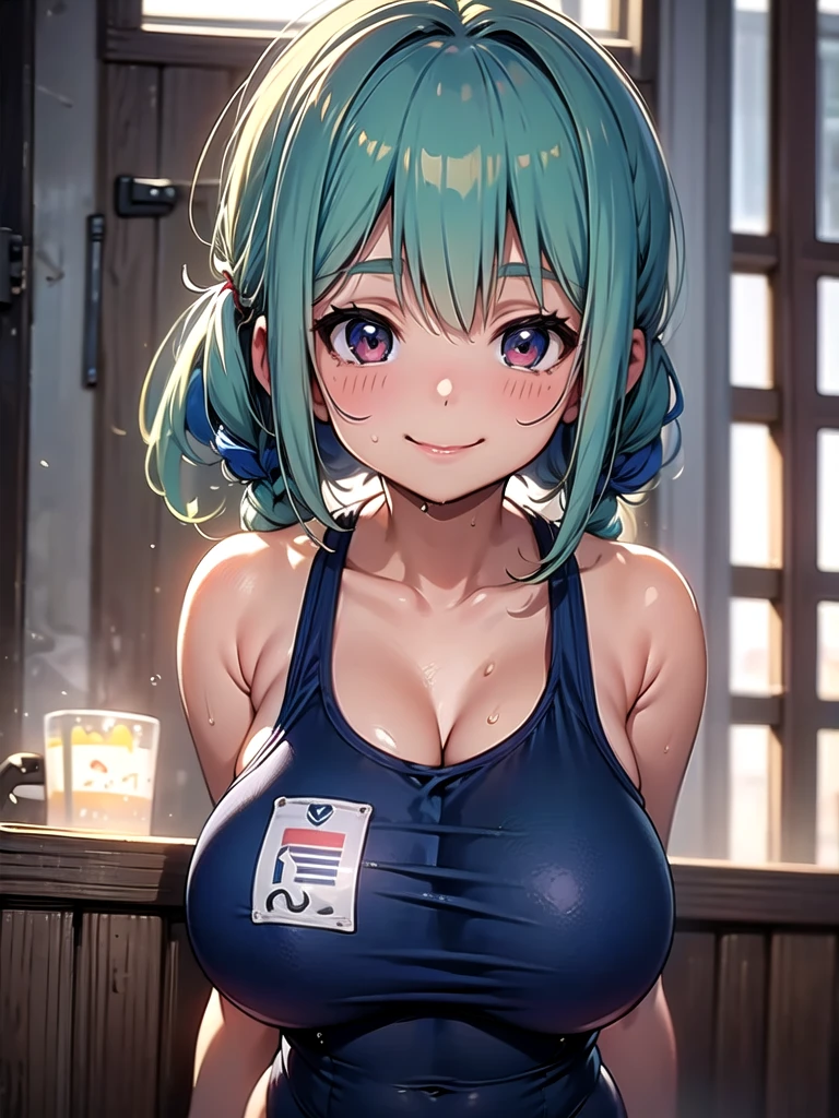 master piece,detailed,(((best quality))), ((((li)))),(((cute))), ((petite)),(((big breasts))),orgasm,light green hair,arms behind back,sitting,smile, (darkblue one-piece swimsuit),1girl,wet,breasts focus,upper body