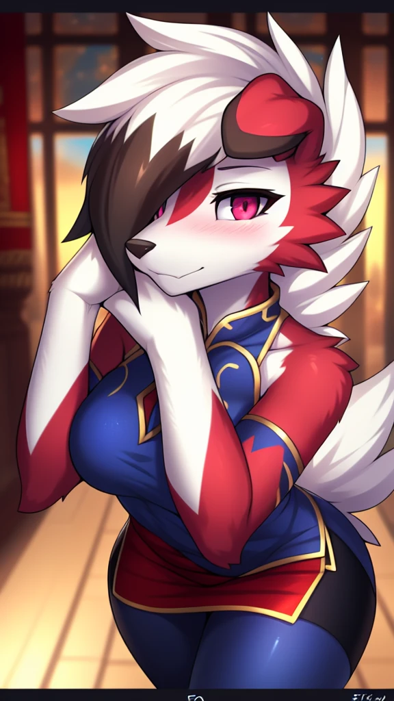 By zinfyu,by twistedscarlet60, uploaded on pixiv, by fluff-kevlar, (masterpiece), (best quality), (solo female:1.2), (extremely detailed:1.3),(detailed eye,black circle on eye,pink eye), lycanroc midnight, view on viewer, close view, shy face, half body on potrait, only body and head, close view,perfect breasts, wide ,(chinese clothing), blushing,medium Breast, Bare shoulder, in bedroom, (tail:1.1), closeup photo of lycanroc, seductively worth it (closeup face)